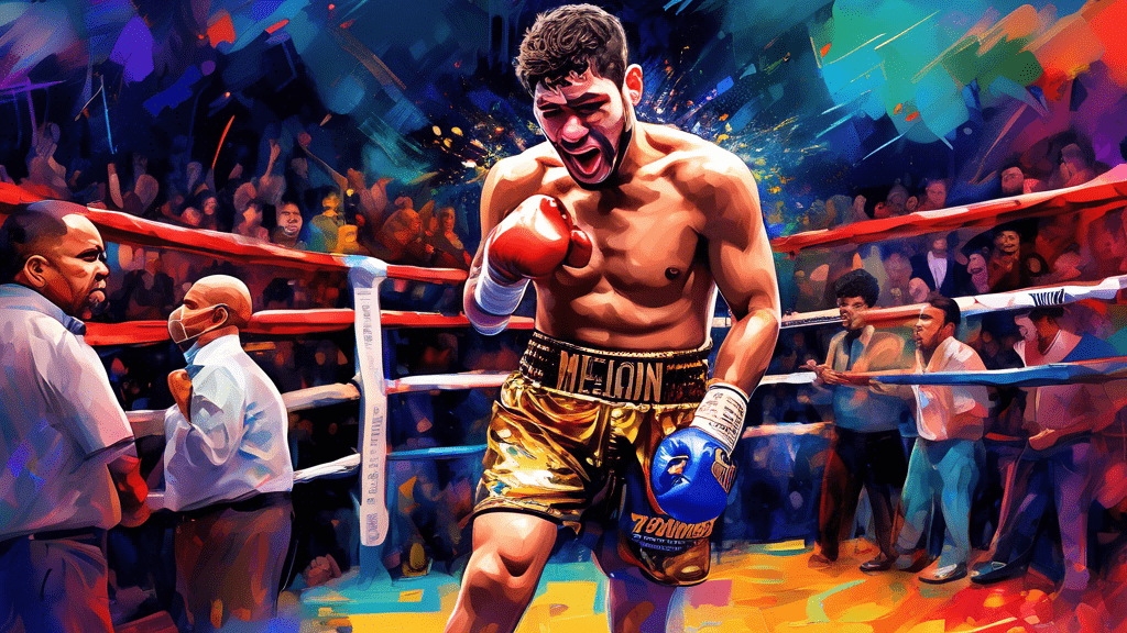 An emotional montage of Prichard Colon Melendez's most triumphant boxing moments, his challenging times outside the ring, and snapshots of his life journey, surrounded by a cheering crowd and supportive family, all depicted in a vibrant, inspirational digital painting style.