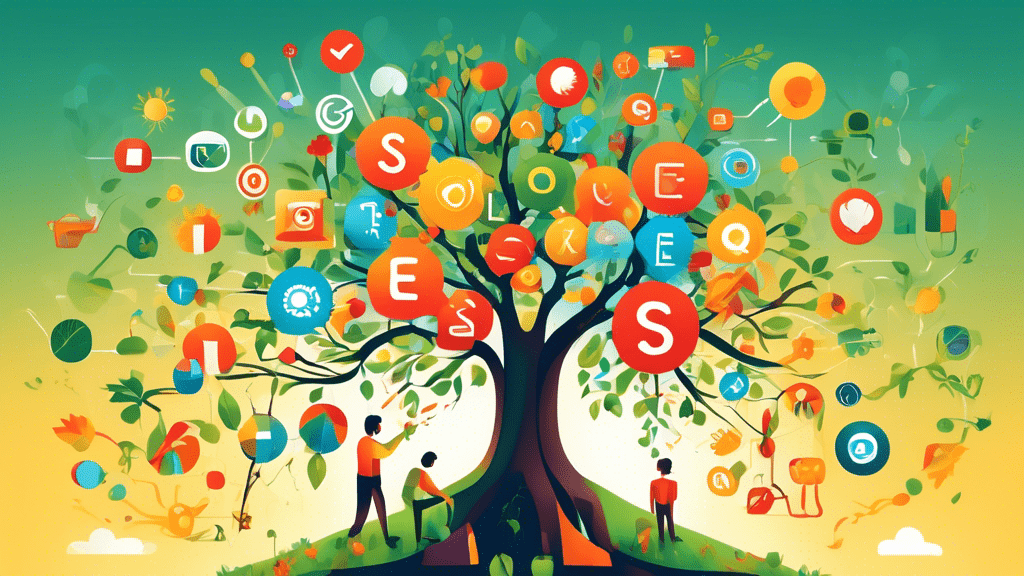 Create a vibrant digital illustration of a person planting SEO keywords into a fertile soil that sprouts a flourishing tree with branches and leaves shaped like various internet icons and search engine logos, under a bright sun with the Google logo, signaling growth and success in the digital world.