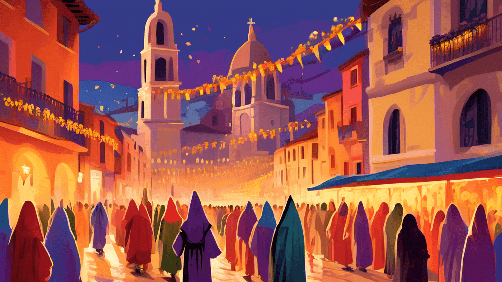 Artistic depiction of a colorful Semana Santa procession in an old European city, showcasing traditional costumes, religious floats, and vibrant decorations under the soft glow of dawn light.