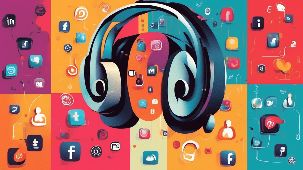 An abstract illustration of a giant ear encompassing various social media icons representing listening, against a digital background filled with binary code.
