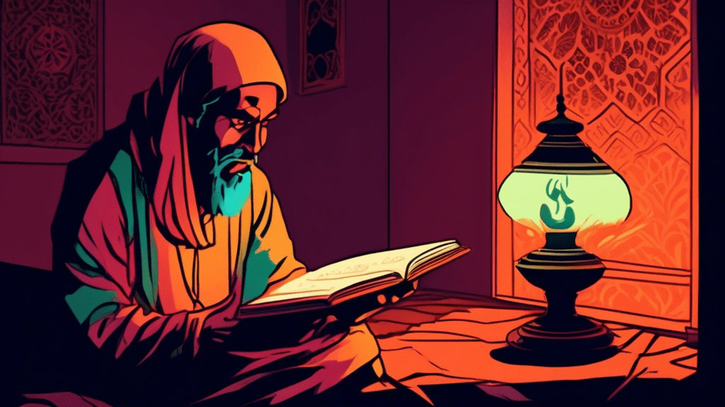 An illustration of a concerned individual sitting in a dimly-lit room, looking thoughtfully at a paused horror movie on the screen, with an open book titled Islamic Teachings on their lap, surrounded by soft light emanating from a nearby lamp.