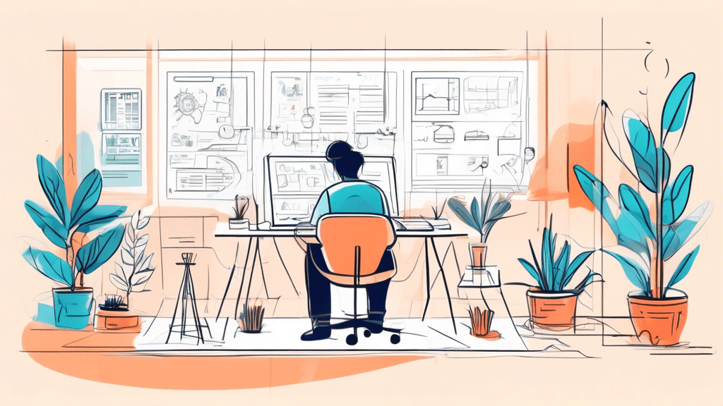 An illustrated step-by-step guide showing a beginner designer learning how to create a wireframe for a website, with digital tools and a sketchpad, in a cozy and well-lit workspace.