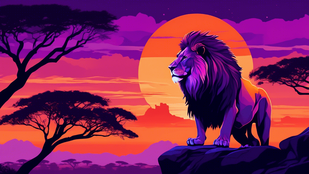 A majestic African lion with a full mane sitting on a rocky outcrop overlooking the savanna at sunset, with acacia trees silhouetted against a sky ablaze with orange and purple hues.