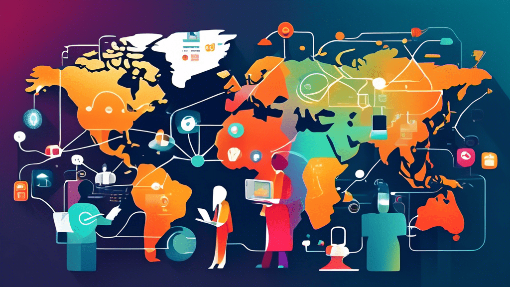A visually appealing infographic showing interconnected devices and people around the globe sharing and exchanging data, with symbolic icons representing different types of data (text, video, audio) flowing seamlessly between them.