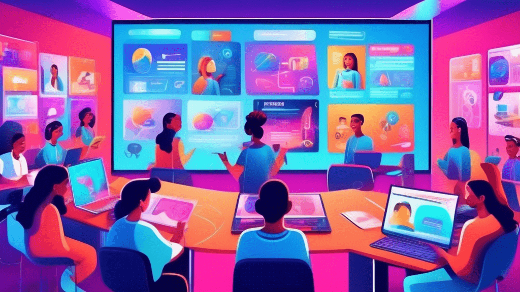 An illustrated digital classroom with diverse students learning about digital advertising basics on futuristic, holographic screens, showcasing ads, analytics, and social media platforms.