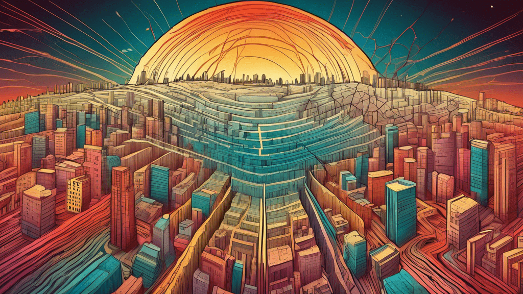 An intricate illustration visualizing the earth's layers below a city with fault lines and seismic waves causing an earthquake, highlighting the scientific concepts behind tectonic movements.