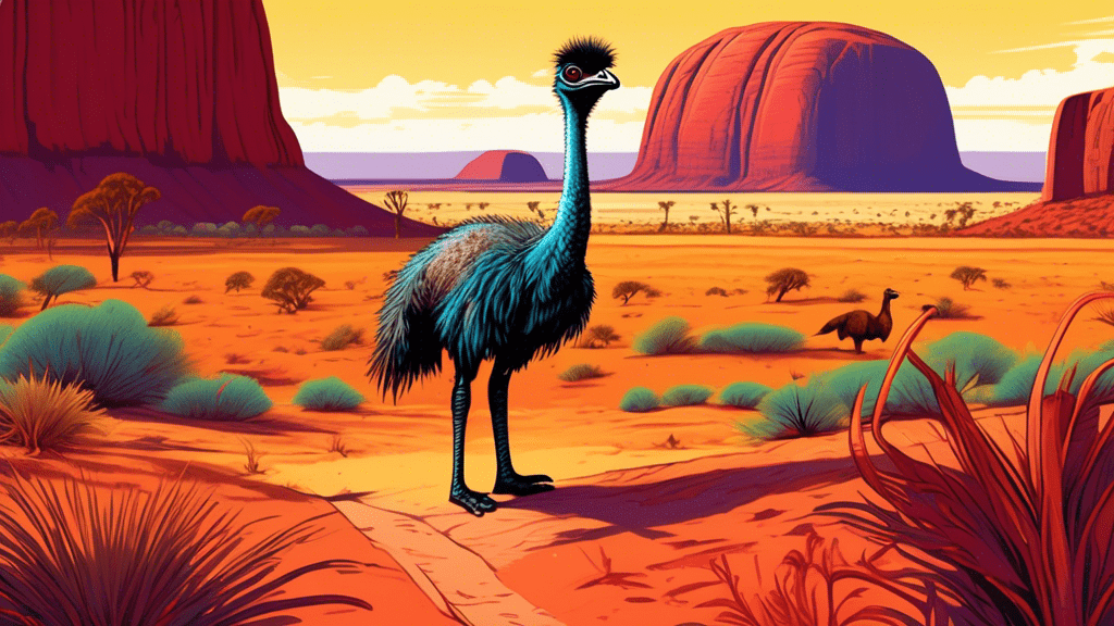 A vibrant, detailed illustration showcasing a majestic emu wandering the vast, sunlit Australian outback, with iconic landmarks like Uluru in the background.