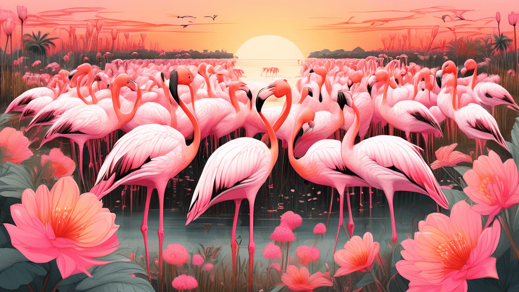 An illustrated guide page showcasing a flock of Greater Flamingos in their natural habitat, with detailed annotations on their characteristics, surrounded by vibrant pink and white blooms under a soft, golden sunset.