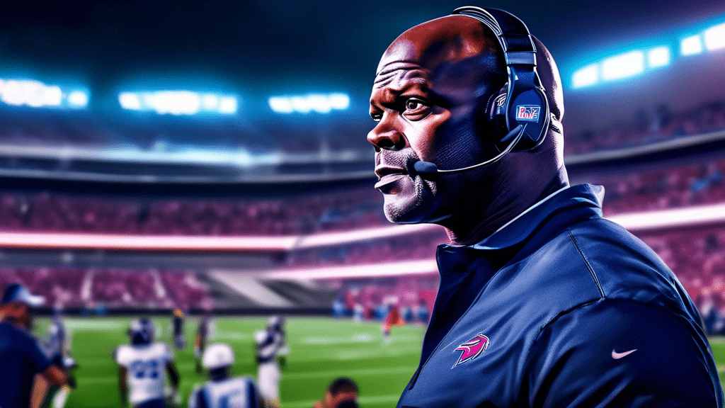 Portrait of Brian Flores coaching on the sidelines during an intense NFL game, highlighting his influential leadership and strategic impact, with the football field and stadium illuminated under the floodlights in the background.