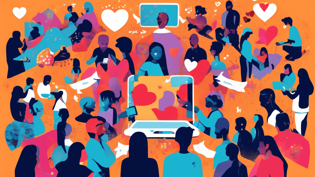 A collage-style illustration showcasing a split world - one side depicting people deeply engaged in vibrant, positive community activities, discussions, and support groups powered by social media platforms, with icons of likes, shares, and hearts floating around, and the other side illustrating individuals isolated, staring at their screens filled with notifications yet surrounded by darkness, symbolizing the negative impact of social media addiction and misinformation.