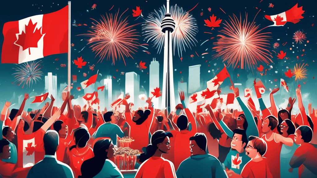 A vibrant illustration depicting a diverse group of people coming together to celebrate Canada Day, with fireworks lighting up the sky over the iconic CN Tower and a large, fluttering Canadian flag in the foreground, all surrounded by symbols of Canadian culture such as maple leaves, hockey sticks, and poutine.