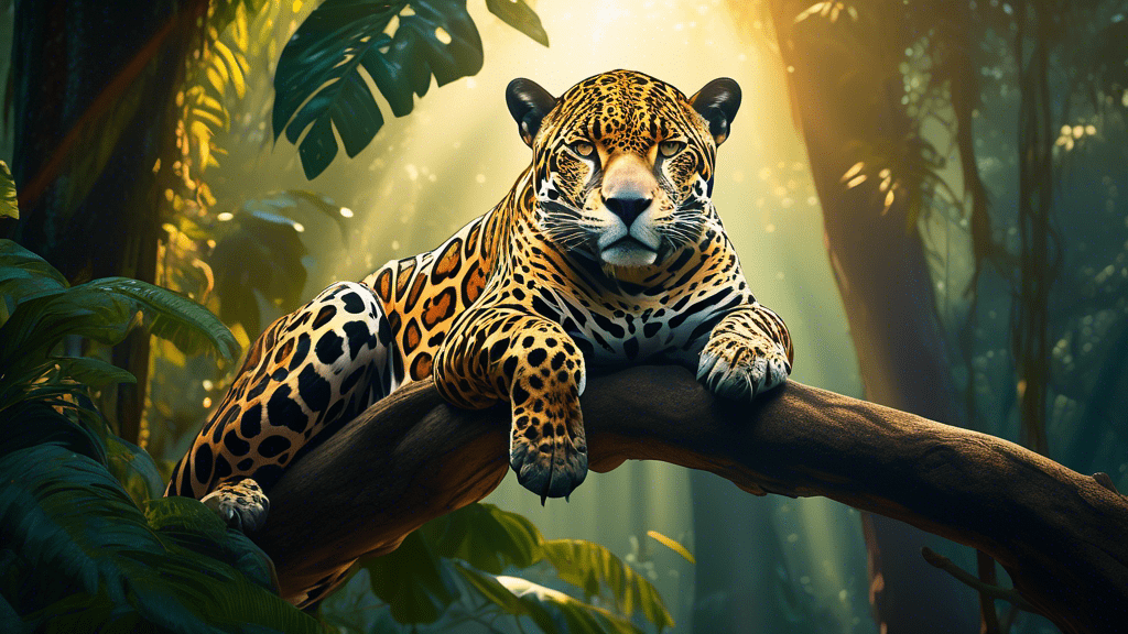 A breathtaking image of a jaguar perched gracefully on a tree branch in the dense Amazon rainforest, with rays of sunlight filtering through the canopy highlighting its spotted coat.