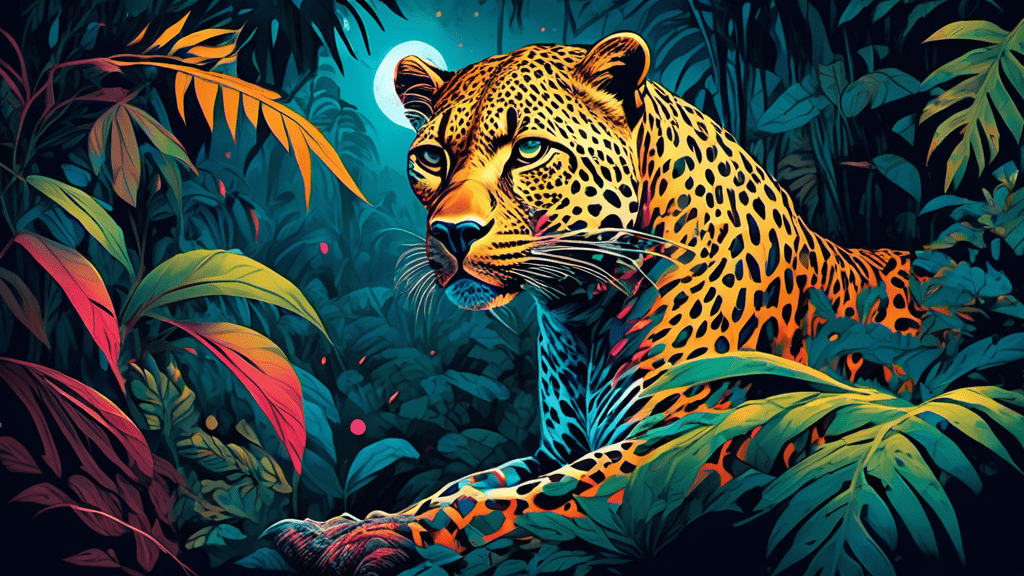 A majestic leopard silently moving through a dense jungle under the moonlight, blending seamlessly into its surroundings, showcasing the epitome of stealth and predation in the wild.