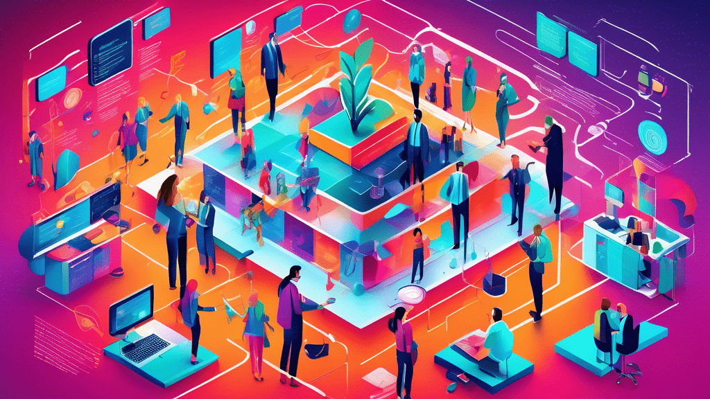 An intricate digital illustration showcasing a dynamic and colorful flowchart detailing each step of the marketing process, from market research and product development to advertising and post-sales support, with diverse professionals collaborating in a vibrant, futuristic office environment.