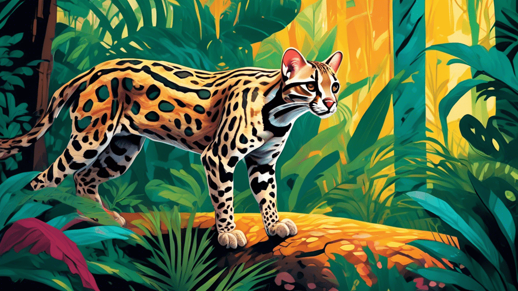 An ocelot gracefully navigating through a vibrant, dense rainforest, showcasing its distinctive spotted coat and keen eyes in the soft glow of a dappled sunlight.