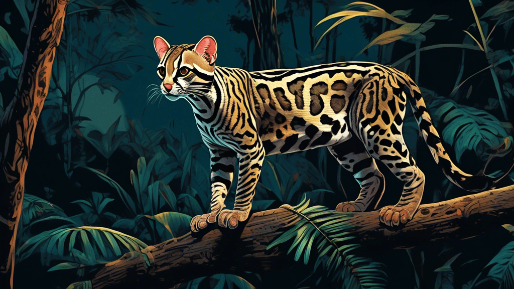 An ocelot perched on a tree branch in the dense Amazon rainforest at twilight, showcasing its distinctive stripes and spots, with a clear look of focus in its eyes as it scans the environment for prey.