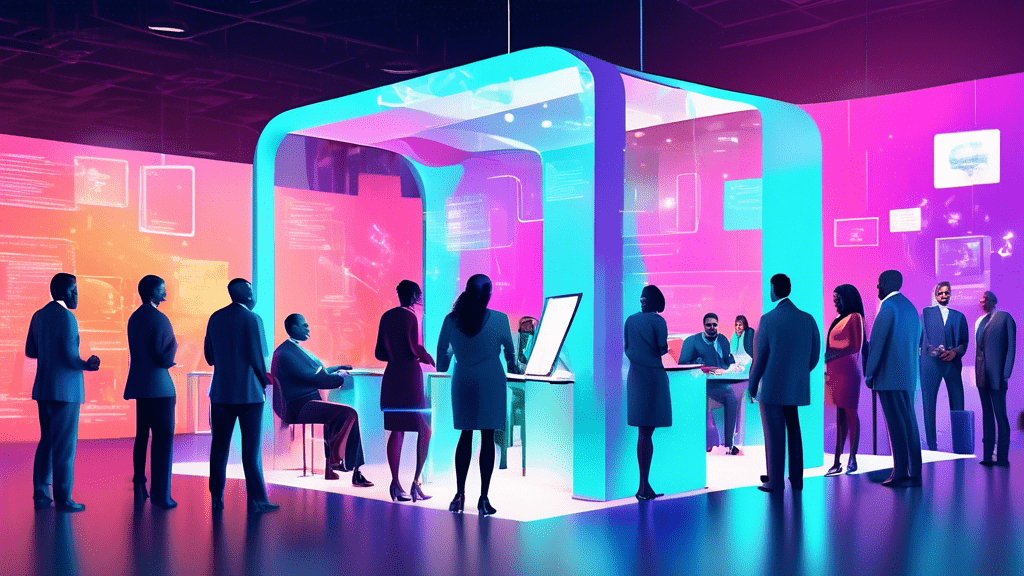 A group of diverse job seekers and professional recruiters engaging in discussions around a futuristic job fair booth, with digital resumes floating above in holographic displays.