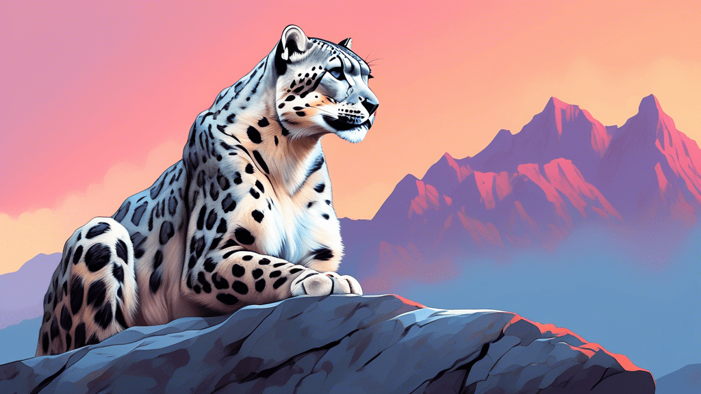 An elegant snow leopard perched on a rocky mountain peak, surveying its territory under a soft, glowing dawn light.