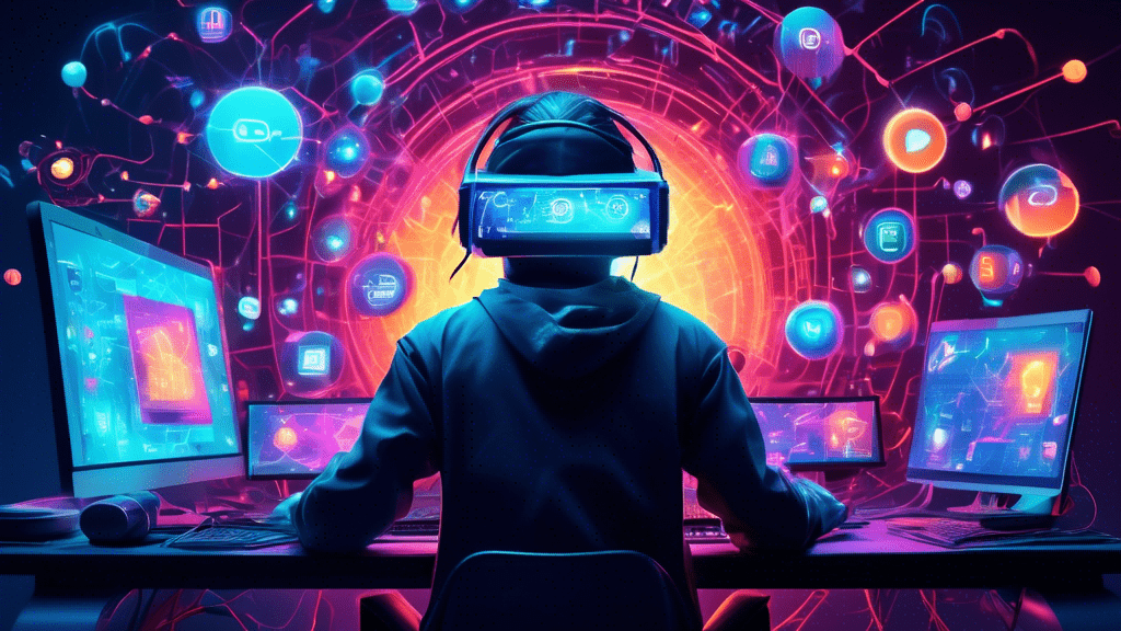 An enigmatic digital artist at a futuristic computer setup, masterfully crafting a glowing viral phenomenon that radiates from the screen into the eager eyes of a global audience, set against a backdrop of digital social media icons.