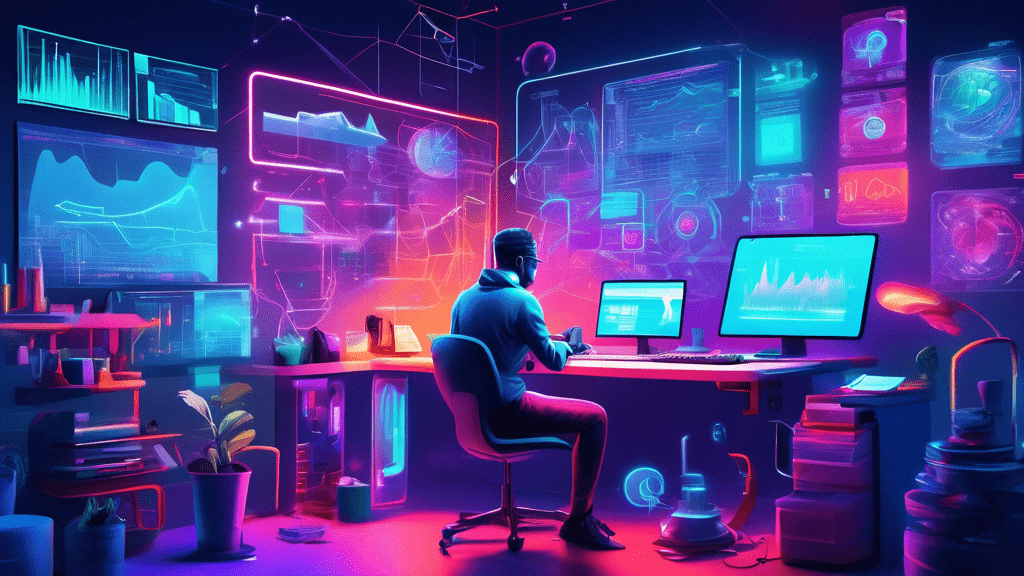 A futuristic workspace filled with advanced tech gadgets and tools, all designed for peak productivity, with a person efficiently multitasking surrounded by productivity apps and charts glowing in holographic displays.