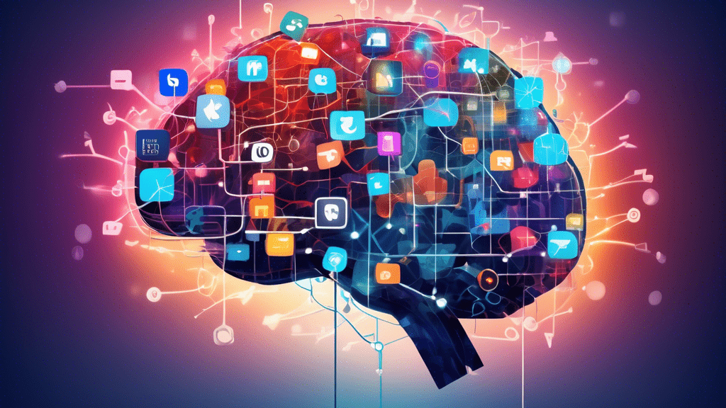 An illuminated brain made of interconnected social media icons and analytical graphs floating against a backdrop of a digital world map.