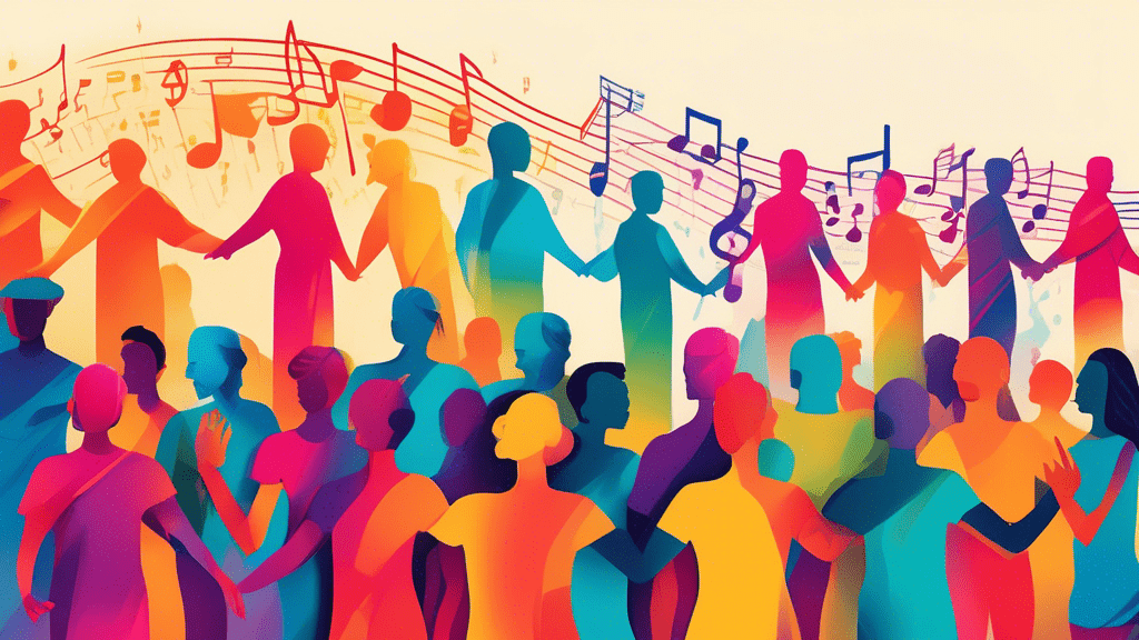 An illustration of a diverse group of people with different backgrounds and ages, standing together and forming a human chain, with music notes flowing around them and transforming into vibrant colors that symbolize various emotions and aspects of life.