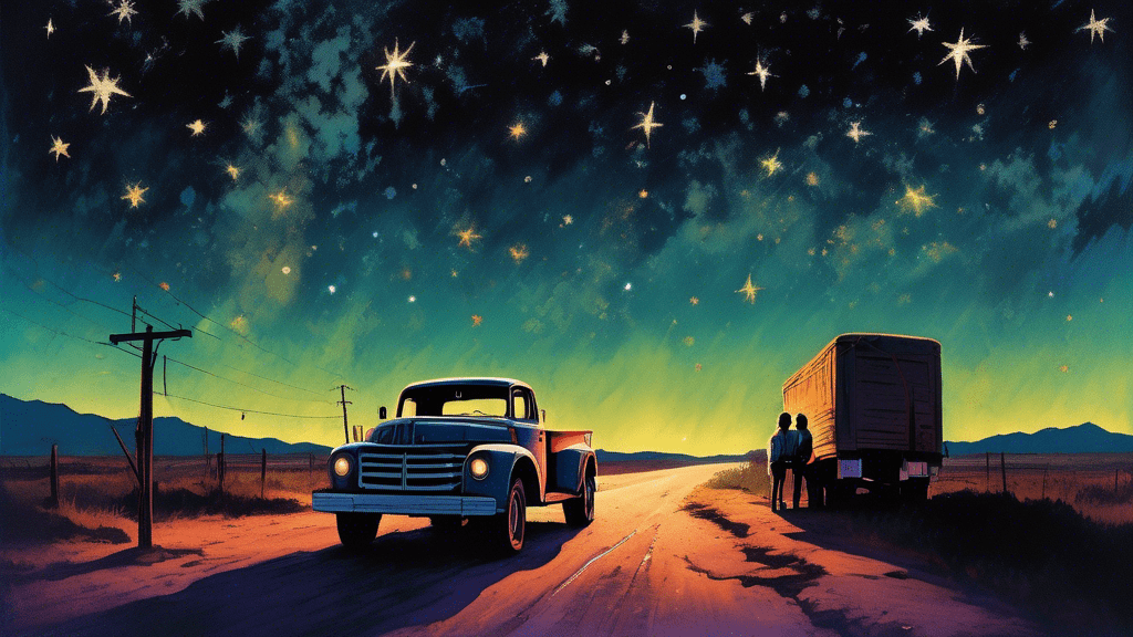 An emotionally charged, dimly lit image of a vintage truck parked by an old, deserted road under a starry night sky, with two silhouetted figures standing beside it, one seeming to offer comfort to the other, while a torn and faded poster of the song 'Wait in the Truck' leans against the truck's front bumper.