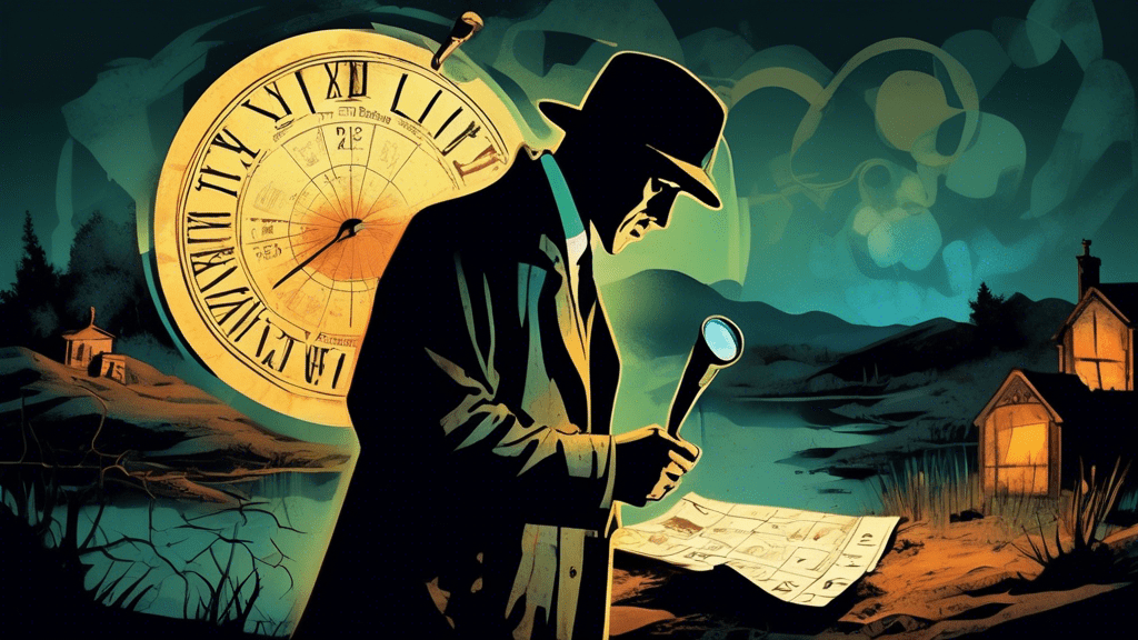Illustration of a vintage detective with a magnifying glass, looking at a tattered calendar with the date circled and glowing, amidst a shadowy and mysterious landscape, conveying a sense of intrigue and the quest for truth.
