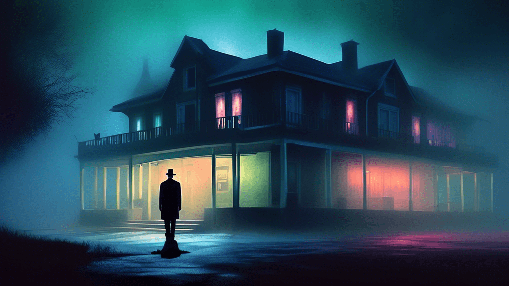 An eerie, fog-shrouded Bates Motel with a shadowy figure standing at the entrance, capturing the mysterious and suspenseful essence of its story.