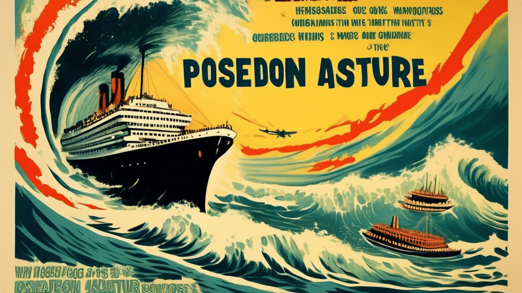 A vintage movie poster for The Poseidon Adventure featuring a massive wave toppling a luxury ocean liner, surrounded by headlines and question marks asking if the story is true.