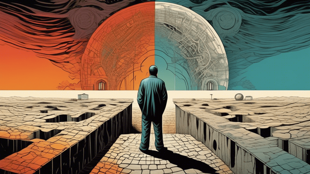 A thought-provoking artwork depicting a mysterious figure standing before two contrasting worlds: one side showing the bleak, confined spaces of a prison, and the other side revealing a vast, open landscape symbolizing freedom and escape, with intricate details suggesting hidden plans and strategies for a daring breakout.
