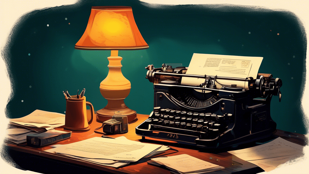 A vintage-style journalist's desk with an old typewriter, scattered papers highlighting the year 2015, and a glowing lamp, casting light on a mysterious, yet true story document.