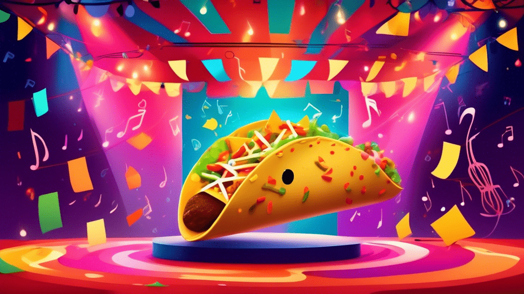 An animated taco and bell performing on a colorful stage under bright lights, with musical notes floating around them, in a whimsical, catchy concert setting.