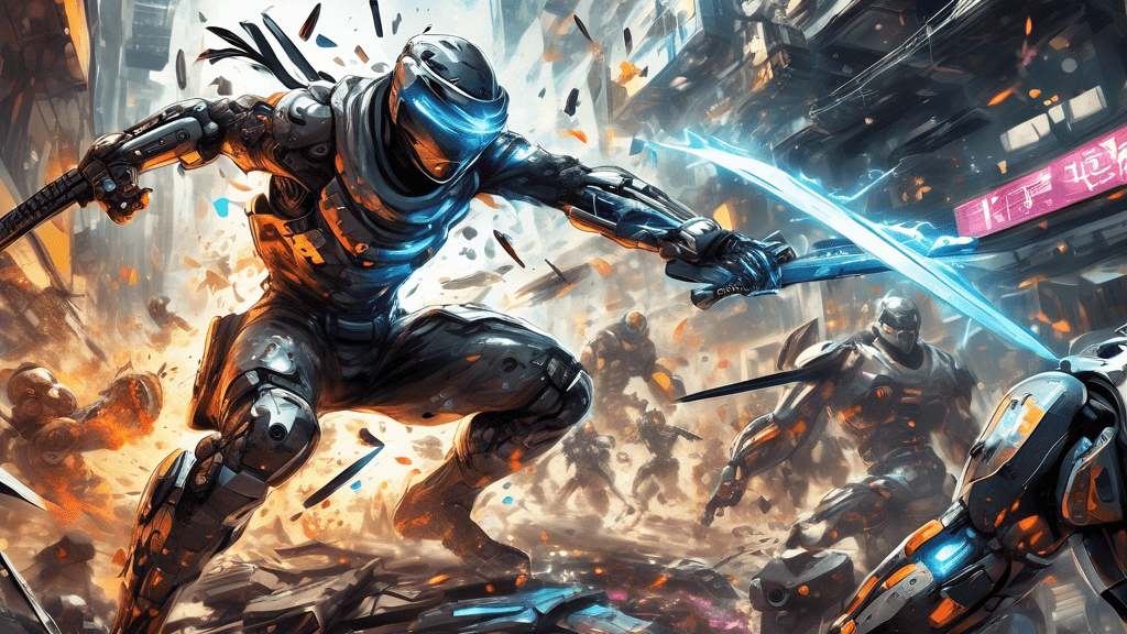 A futuristic cyborg ninja unleashing a powerful strike with a high-frequency blade, amidst a chaotic battlefield filled with advanced robots and debris, capturing the essence of 'Metal Gear Rising'.