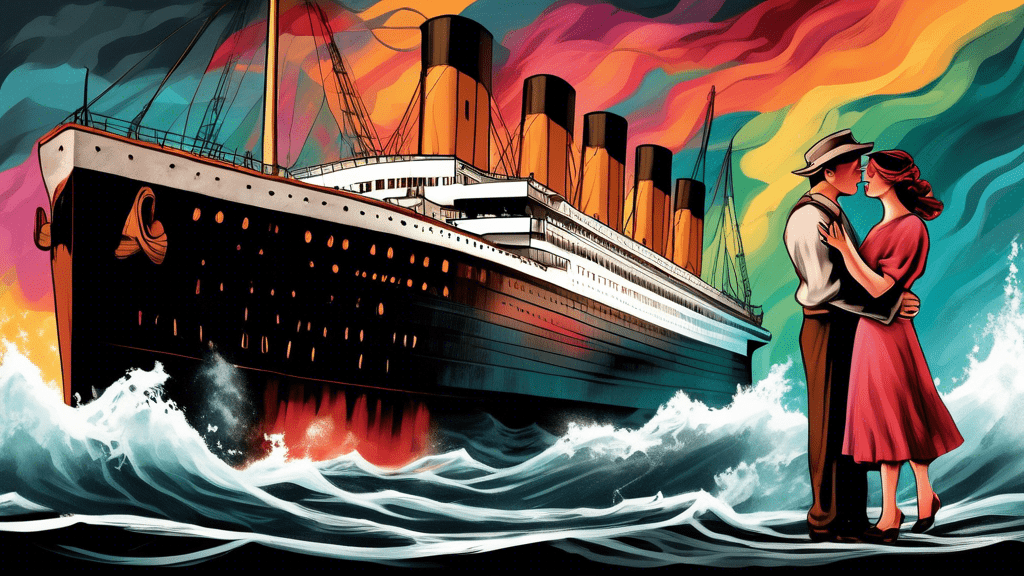 An artist's rendition of the real-life inspirations for Rose and Jack in front of the Titanic, blending historical black and white with fictional character color highlights, highlighting the truth and fiction divide.