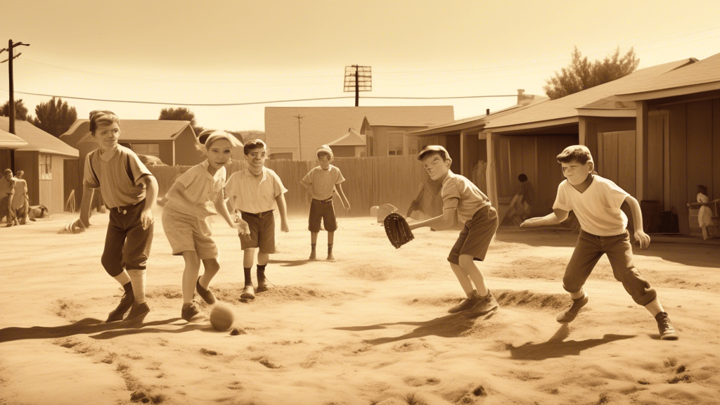 A nostalgic, sepia-toned image of a group of children from the 1960s playing baseball in a dusty, makeshift neighborhood sandlot, with a vintage suburban landscape in the background, capturing the essence of real-life inspiration for 'The Sandlot' movie.