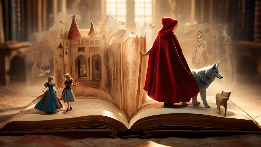 Create a whimsical and slightly mysterious image of an open ancient book with ethereal light revealing half-visible, shadowy figures of well-known fairy tale characters like Cinderella, Red Riding Hood, and the Big Bad Wolf. Each character is stepping out of the book into the real world, with historical and realistic settings in the background, blending the line between fairy tales and historical truths.