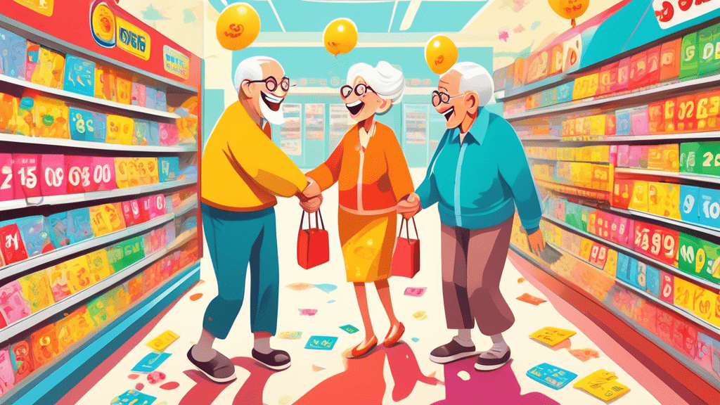 An elderly couple holding hands with big smiles walking into a convenience store, surrounded by floating lottery tickets with winning numbers, in a bright and colorful cartoon style