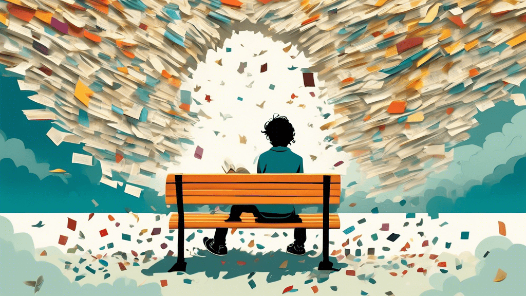 Create an artistic illustration capturing a teenager sitting alone on a bench, surrounded by floating book pages that merge into scenes representing both whimsical fiction and stark reality, under a split sky—one side sunny, the other stormy—symbolizing the dual nature of 'The Perks of Being a Wallflower'.