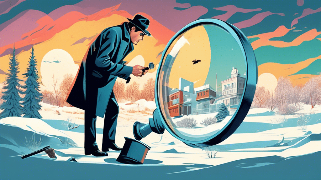 Surreal depiction of a detective uncovering hidden truths behind movie props and scripts with the snowy landscape of Fargo in the background, under a magnifying glass.