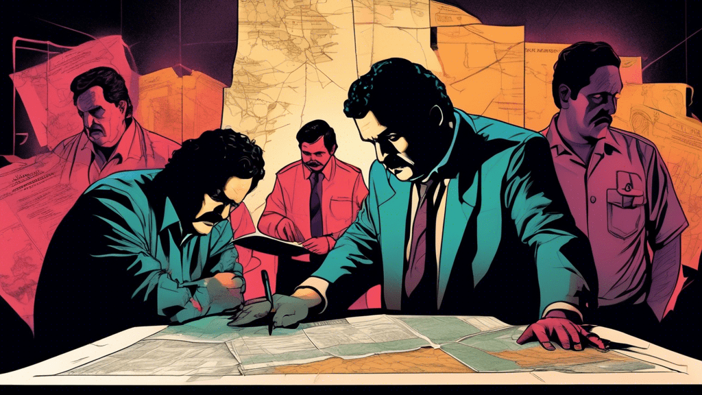 An intense, dramatic illustration showing a team of determined investigators pouring over maps and documents under dim light, with the shadowy outline of Pablo Escobar looming in the background, symbolizing their pursuit of unraveling the true chronicle behind 'Killing Pablo 2'.