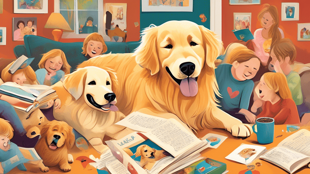 An emotional moment of a golden retriever, Marley, and its family gathered around, sharing laughter and tears, with scattered family photos and the book 'Marley and Me' in the background, capturing the essence of love and chaos in suburban life.