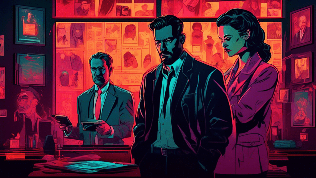 An artistic interpretation of a dramatic, investigative scene revealing the hidden truths behind the story told in Netflix's 'Pain Hustlers', with a mysterious and shadowy ambiance, vintage detective elements, streaming service icons subtly incorporated, all encapsulated within a cinematic frame.