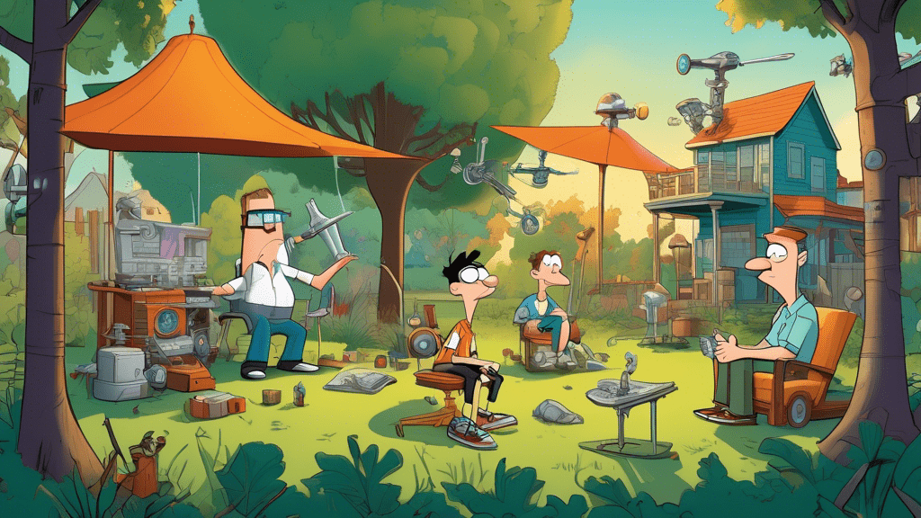 Detailed illustration of Phineas and Ferb sitting in their backyard under a tree, surrounded by their incredible inventions, with the silhouettes of creators Dan Povenmire and Jeff 'Swampy' Marsh discussing plans in the background.