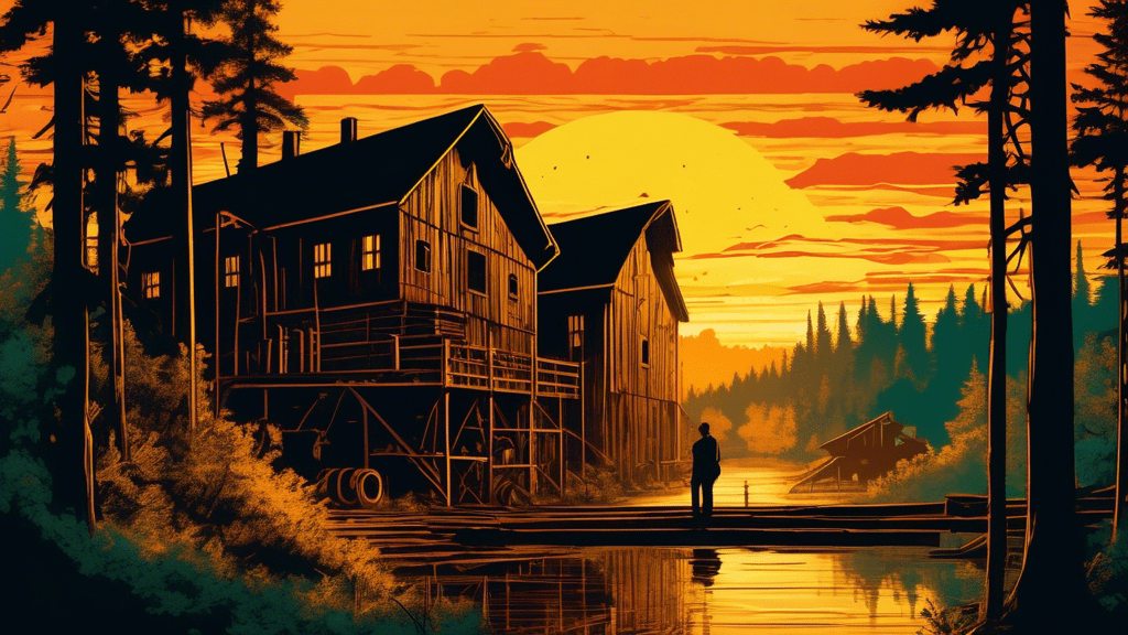 A majestic, vintage lumber mill nestled in a lush, expansive forest under a golden sunset, with a silhouette of a mysterious figure standing in the foreground, surveying the scene.