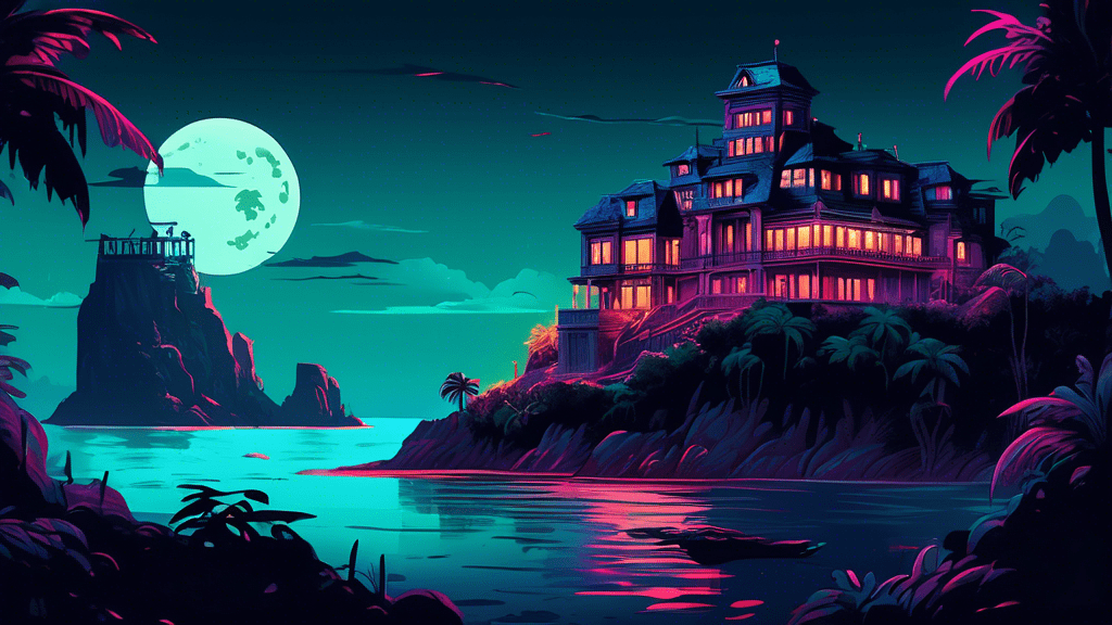 A mysterious and ominous island illuminated by a full moon, with a grand yet foreboding mansion atop a cliff, and shadowy figures engaged in a deadly hunt through the dense jungle below.