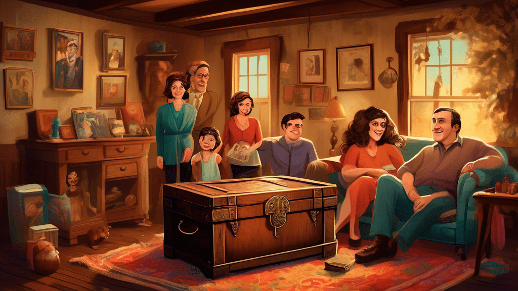 An intimate family portrait of the Greco family gathered in a rustic, warmly lit living room, sharing stories and laughter, surrounded by mementos and photographs that hint at their rich history and secrets, with an antique chest in the foreground that seems to hold the key to their true story.