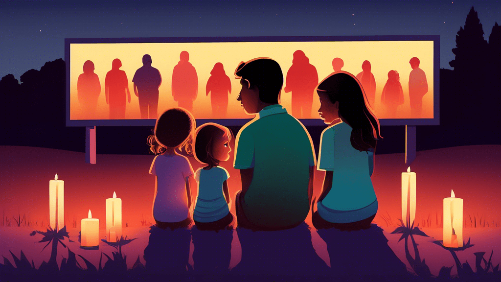 A poignant illustration of a worried family holding a candlelight vigil at dusk with a large, glowing billboard of a missing girl in the background, symbolizing hope and community effort in the search for her.