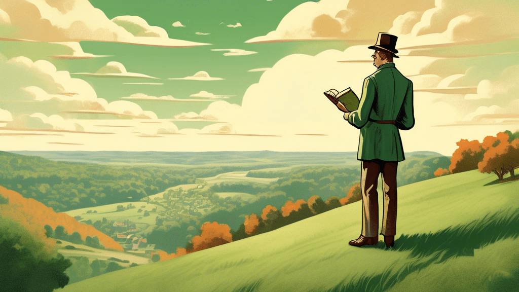 A vintage-style illustration of an early 20th-century man in period clothing standing on a rolling green hill, looking over a serene Ozarks landscape, with open ancient books floating around him, each page fluttering to reveal a mix of historical facts and fictional tales.
