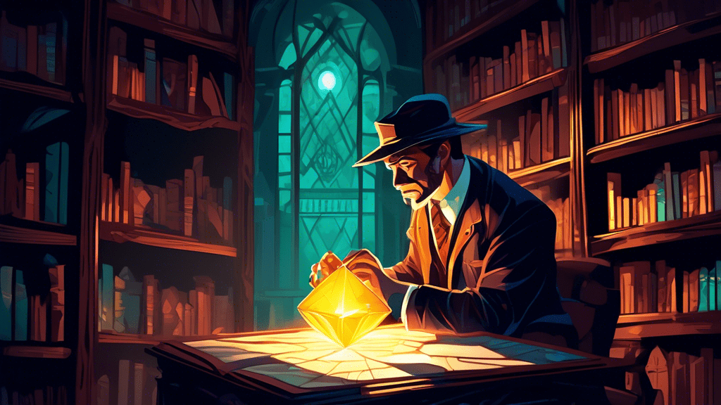 A mysterious detective uncovering a glimmering, giant diamond hidden within the shadows of an ancient, mysterious library filled with secrets, under the illuminating beam of a sole spotlight.